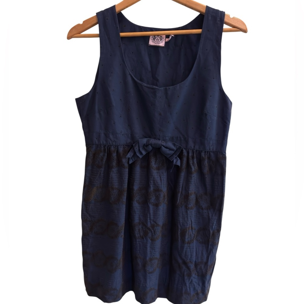 Juicy Couture Vintage Dark Blue w/ Black pattern Mini Mod Dress with Bow EUC